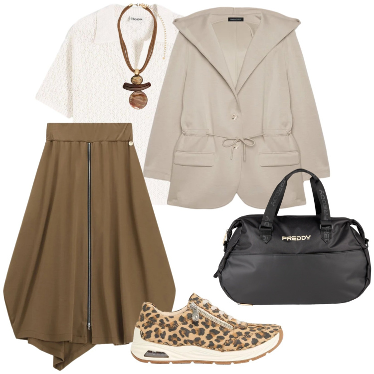Outfit donna - Sport -chic. per Ufficio. Abbinamento con polo, sneakers, gonne longuette, felpe con cappuccio, ciondoli, borse sportive.