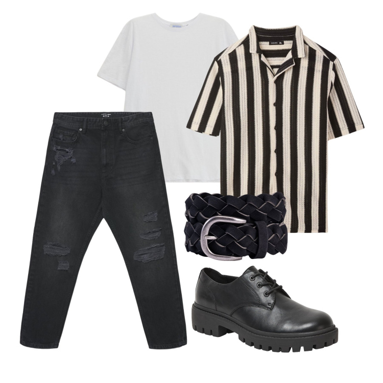 Outfit uomo - Aprile. Stile Trendy per Tutti i giorni. Abbinamento con scarpe stringate, camicie a manica corta, jeans strappati, t-shirt, cinture.