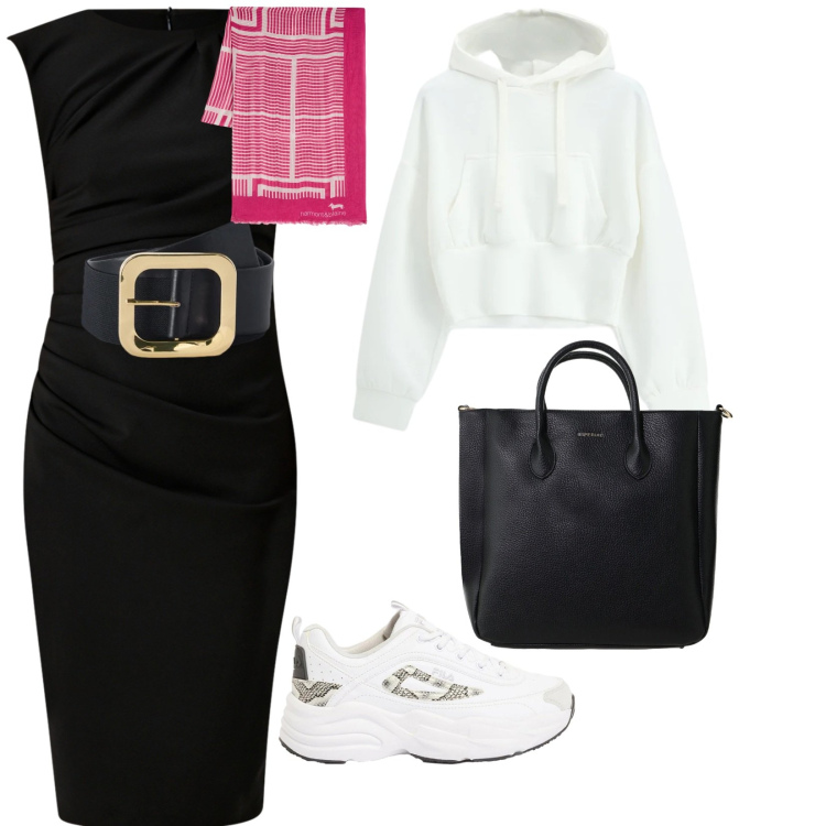 Outfit donna - Sporting _chic. per Ufficio. Abbinamento con sneakers, felpe con cappuccio, borse a tracolla, vestiti a tubino, cinture, sciarpe.