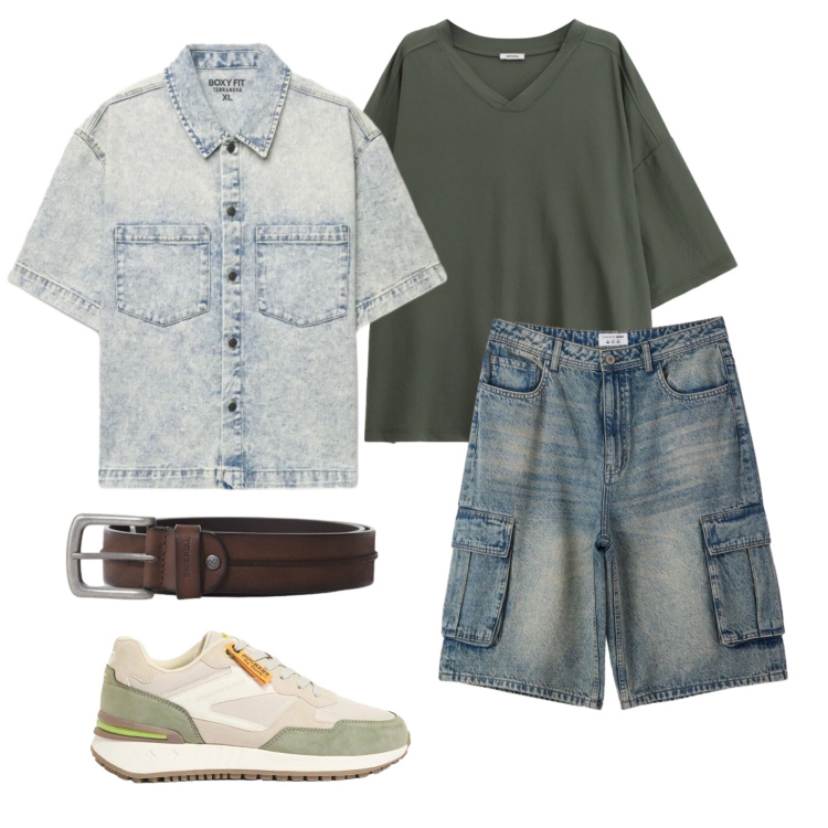 Outfit uomo - Aprile. Stile Urban per Tutti i giorni. Abbinamento con sneakers, t-shirt, cinture, pantaloni corti, camicie a manica corta.