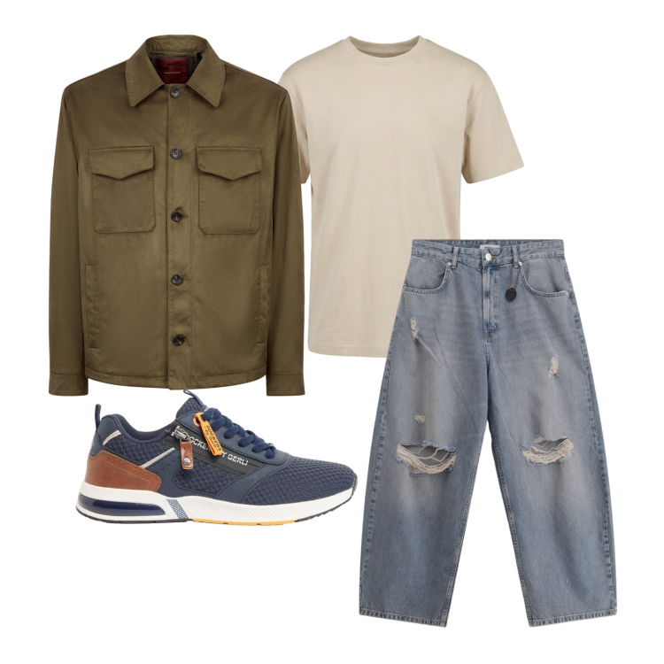 Outfit uomo - Aprile. Stile Casual per Tutti i giorni. Abbinamento con sneakers, t-shirt, jeans strappati, giacche.