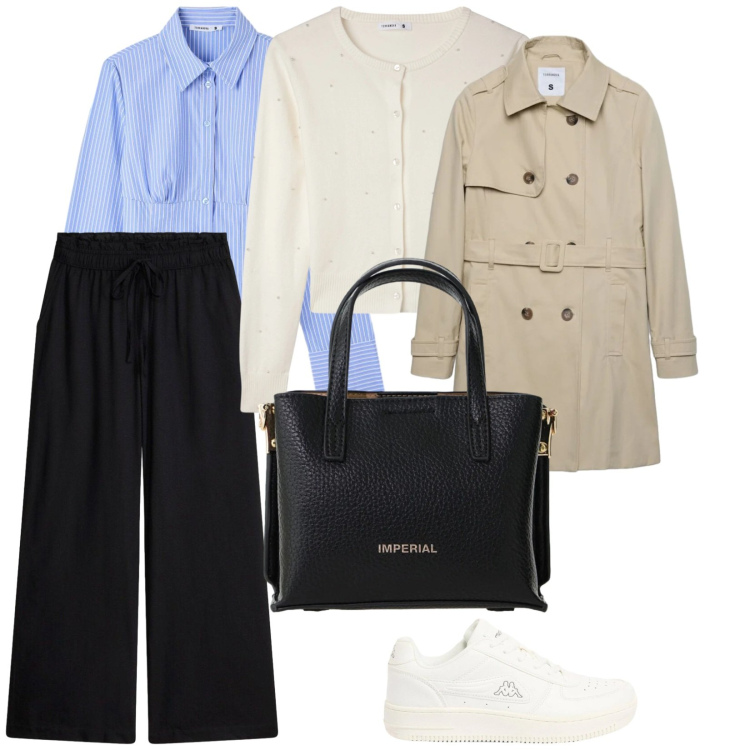 Outfit donna - Aprile che mi metto?. per Tutti i giorni. Abbinamento con pantaloni a palazzo, sneakers, cardigans, trench, camicie, borse a tracolla.