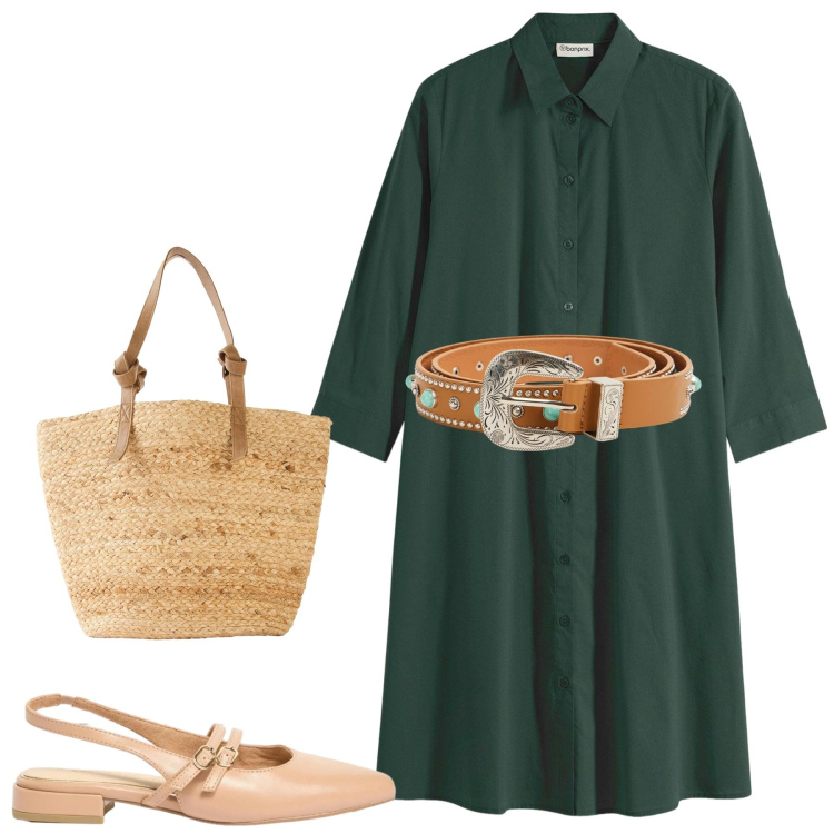 Outfit donna - Il vestito chemisier primaverile. Stile Bon Ton per Ufficio. Abbinamento con vestiti chemisier, ballerine, shopping bag, cinture.