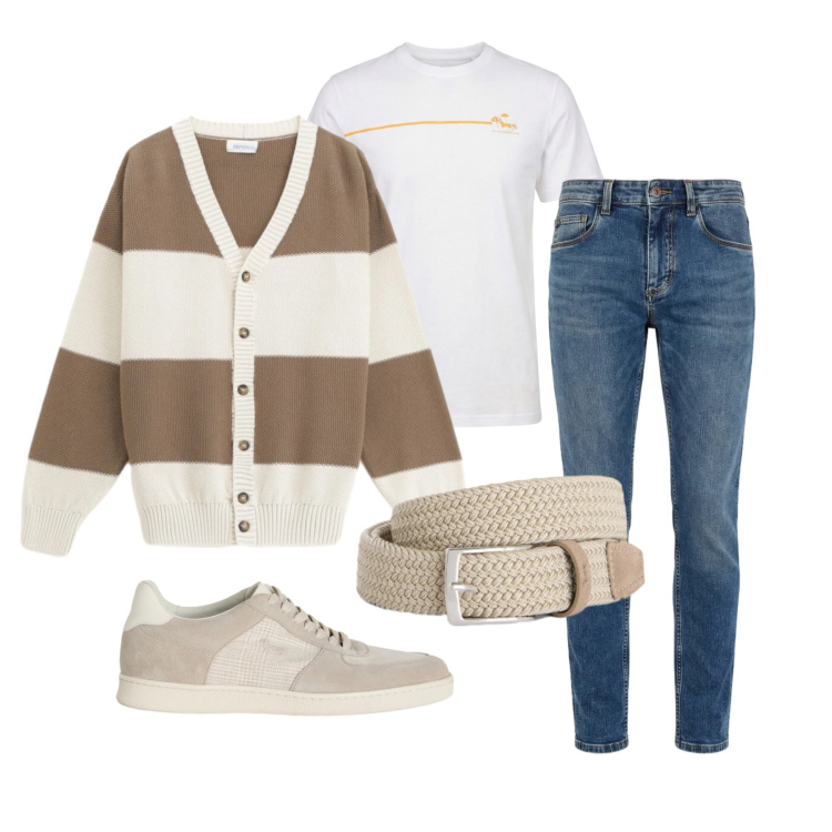 Outfit uomo - Aprile. Stile Trendy per Ufficio. Abbinamento con cardigans, cinture, jeans slim fit, sneakers, t-shirt.