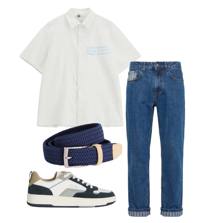 Outfit uomo - Aprile. Stile Trendy per Tutti i giorni. Abbinamento con camicie a manica corta, cinture, jeans, sneakers.