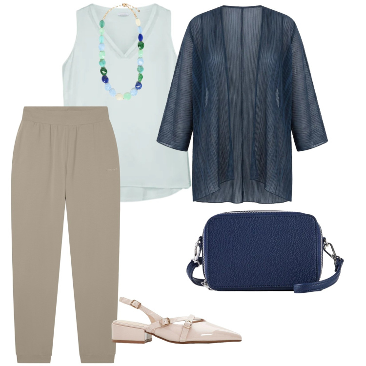 Outfit donna - L\'eleganza leggera. per Ufficio. Abbinamento con décolleté, borse a tracolla, blazer, collane, top, pantaloni.