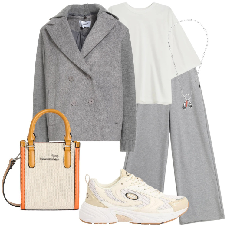 Outfit donna - City Total look. Stile Urban per Tutti i giorni. Abbinamento con caban, sneakers, t-shirt, pantaloni, borse tote, ciondoli.