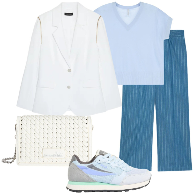 Outfit donna - Blazer e sneakers curvy style. Stile Casual chic per Tutti i giorni. Abbinamento con sneakers, bluse, jeans, blazer, borse a tracolla.