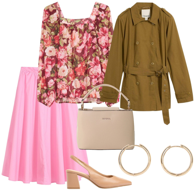 Outfit donna - Eleganza leggera. per Scuola/Università. Abbinamento con orecchini, gonne longuette, décolleté, trench, bluse, borse a secchiello.