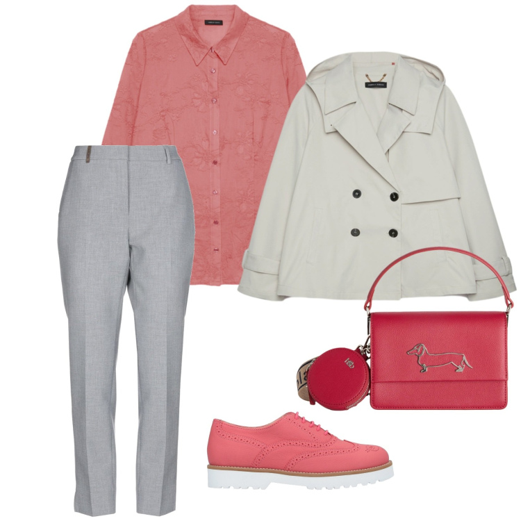 Outfit donna - Eleganza leggera. per Ufficio. Abbinamento con pantaloni, scarpe stringate, trench, camicie, borse a tracolla.