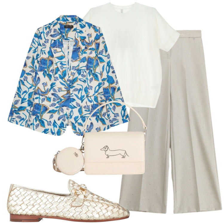 Outfit donna - Blazer a fiori dai colori accesi. Stile Glamour per Ufficio. Abbinamento con mocassini, t-shirt, blazer, pantaloni a palazzo, borse a tracolla.
