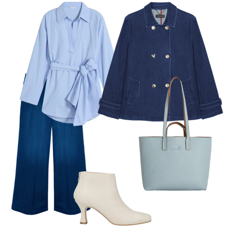 Outfit donna - Eleganza leggera. per Scuola/Università. Abbinamento con stivaletti, camicie, trench, jeans, shopping bag.