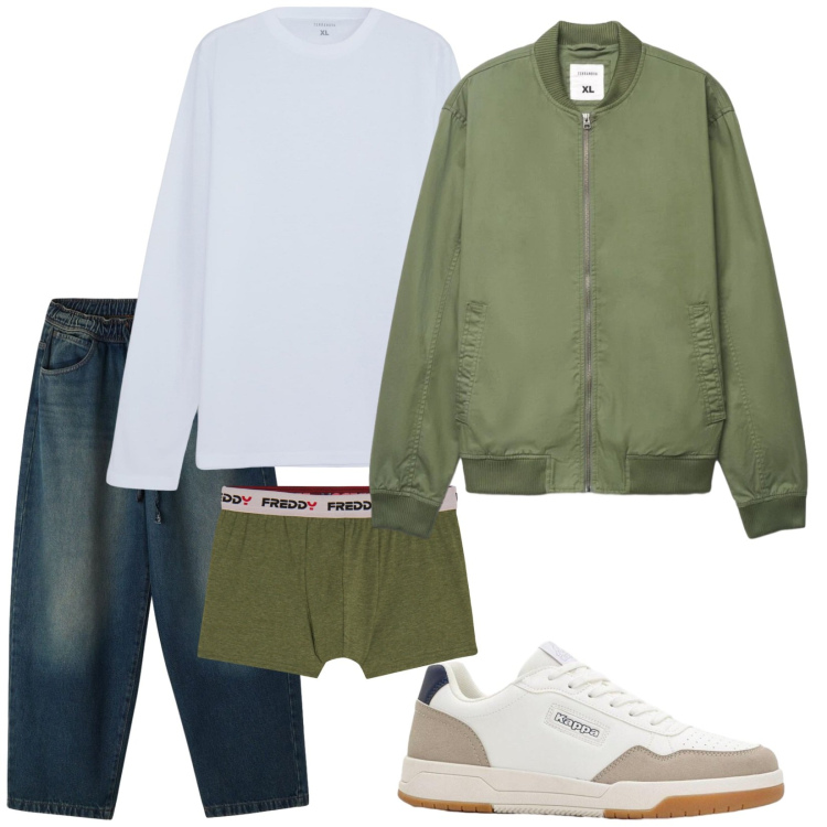 Outfit uomo - Total look #2383974. Stile Casual per Tutti i giorni. Abbinamento con sneakers, t-shirt, bomber, jeans, boxer.