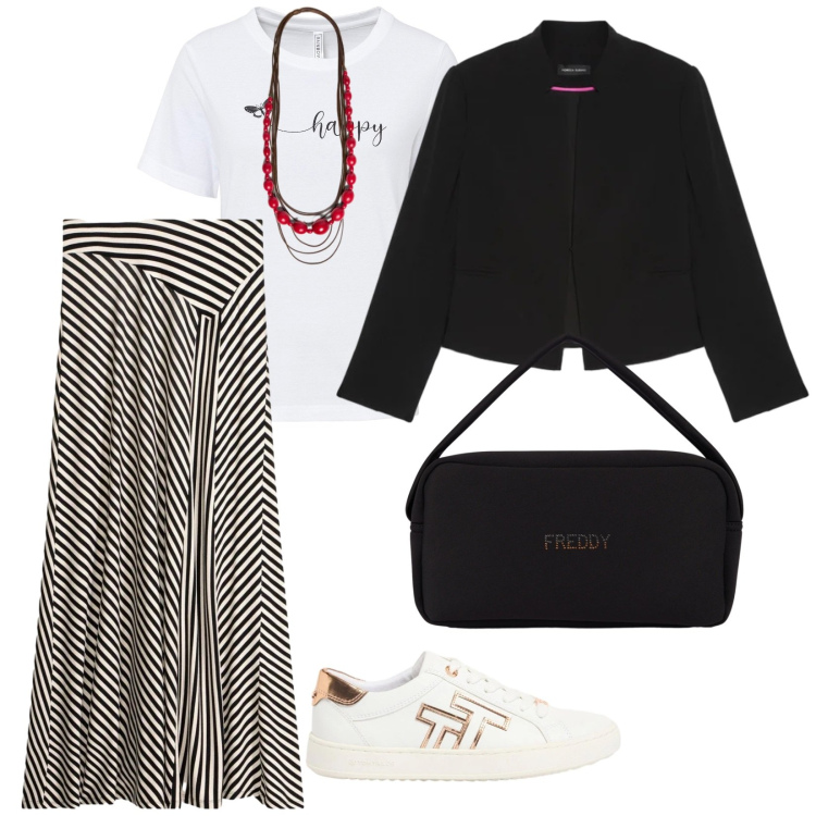 Outfit donna - Eleganza leggera. per Tutti i giorni. Abbinamento con t-shirt, sneakers, gonne, blazer, collane, borse a mano.