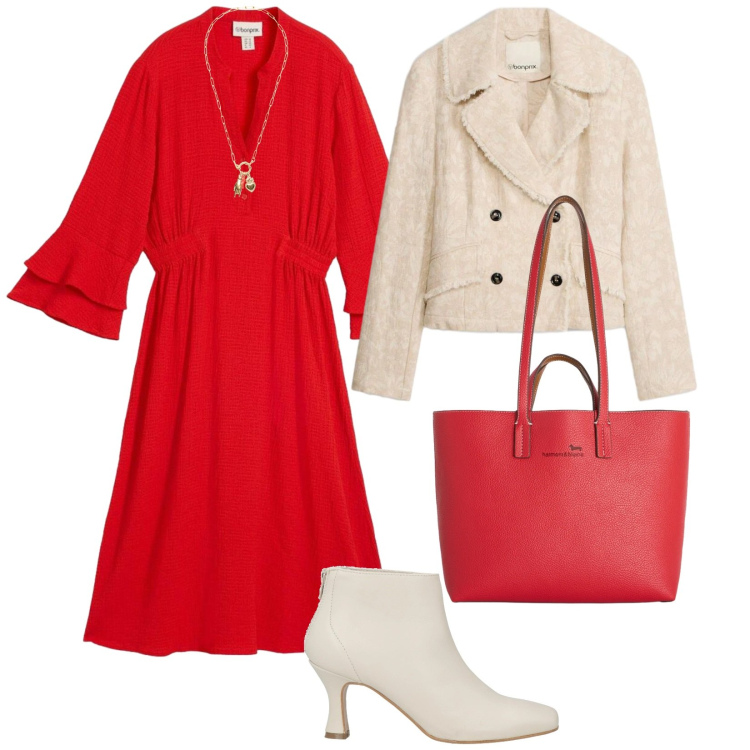 Outfit donna - Un abito per Aprile. per Tutti i giorni. Abbinamento con stivaletti, vestiti midi/longuette, blazer, shopping bag, ciondoli.