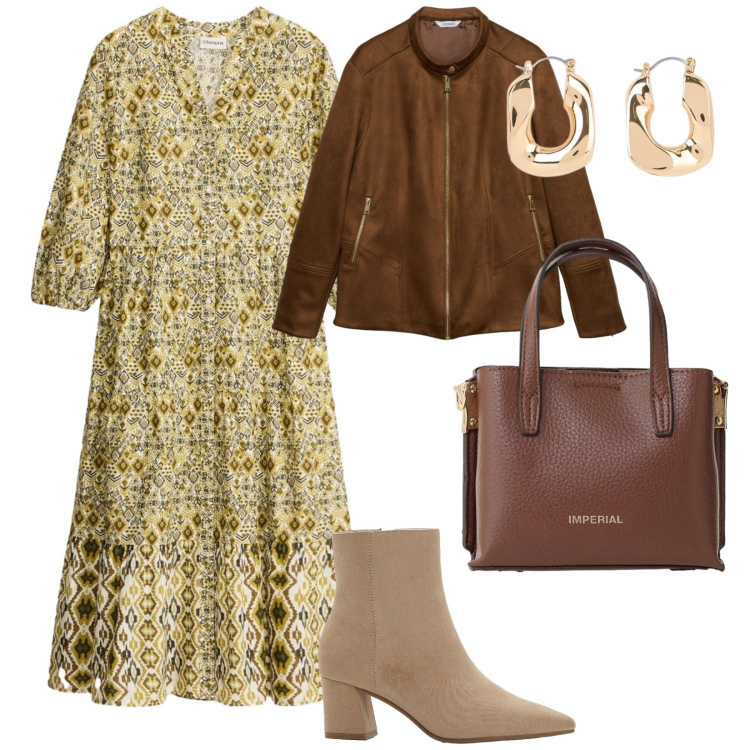 Outfit donna - Un abito per Aprile. per Tutti i giorni. Abbinamento con orecchini, stivaletti, vestiti midi/longuette, giacche, borse a tracolla.