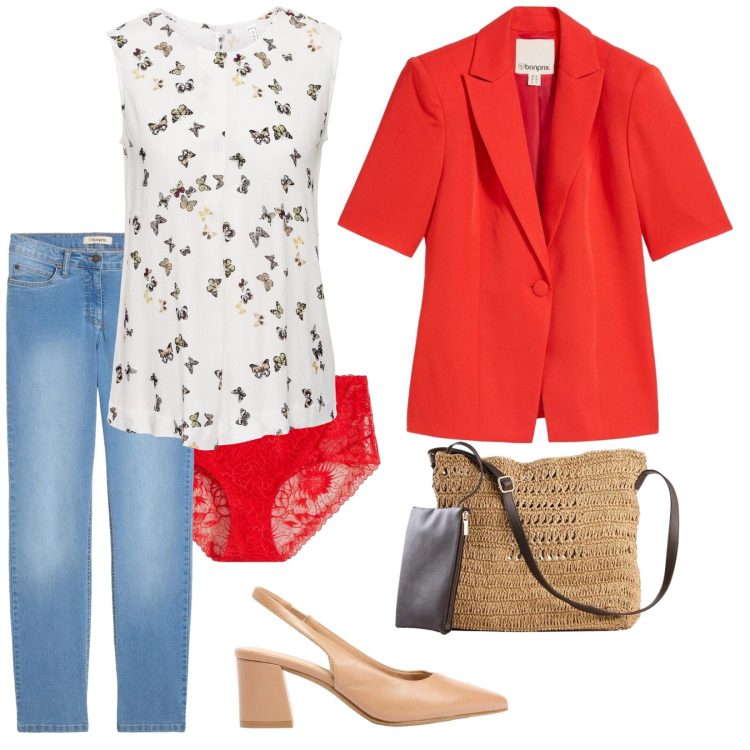 Outfit donna - Bonprix. Stile Trendy per Tutti i giorni. Abbinamento con blazer, jeans dritti, canottiere, borse a tracolla, décolleté, culotte.