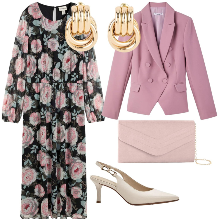Outfit donna - Un abito per Aprile. per Cerimonia. Abbinamento con vestiti midi/longuette, décolleté, orecchini, pochette, blazer.