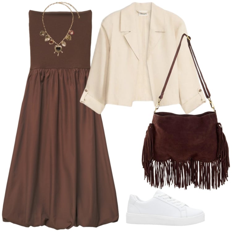 Outfit donna - Un abito per aprile. per Mare. Abbinamento con sneakers, borse a tracolla, blazer, vestiti midi/longuette, collane.