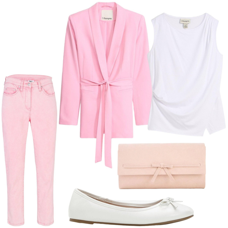 Outfit donna - bonprix - Cool Spring. Stile Chic per Serata fuori. Abbinamento con pantaloni, top, blazer, ballerine, pochette.