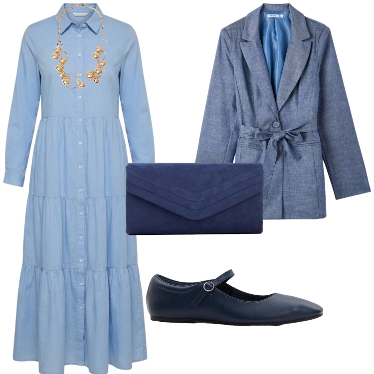 Outfit donna - Un abito per aprile. per Ufficio. Abbinamento con ballerine, clutch, vestiti chemisier, blazer, collane.