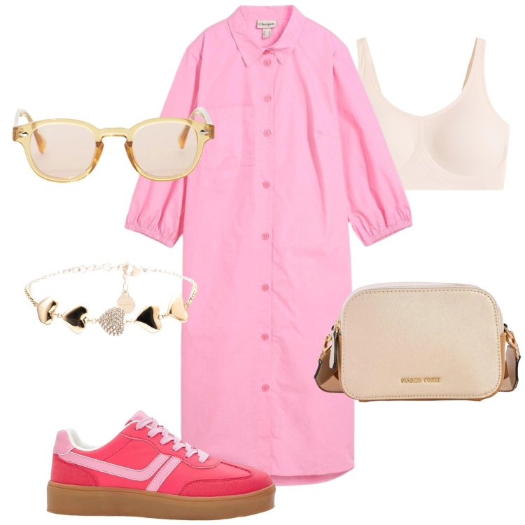 Outfit donna - Chemisier. Stile Trendy per Tutti i giorni. Abbinamento con vestiti chemisier, sneakers, borse a tracolla, reggiseni, occhiali da sole, braccialetti.