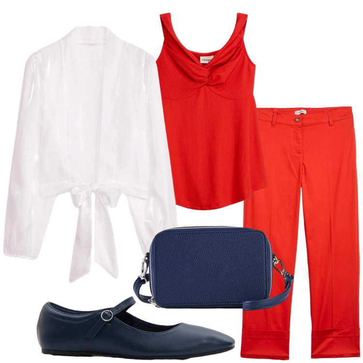 Outfit donna - bonprix - Cool Spring. Stile Minimal per Tutti i giorni. Abbinamento con borse a tracolla, ballerine, bolero, pantaloni chino, top.