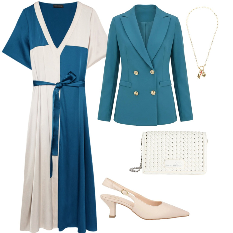 Outfit donna - Un abito per aprile. per Cerimonia. Abbinamento con décolleté, blazer, vestiti midi/longuette, borse a tracolla, ciondoli.