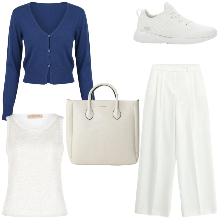 Outfit donna - Weekend Semplice e chic. Stile Chic per Tutti i giorni. Abbinamento con sneakers, pantaloni a palazzo, borse a tracolla, cardigans, canottiere.
