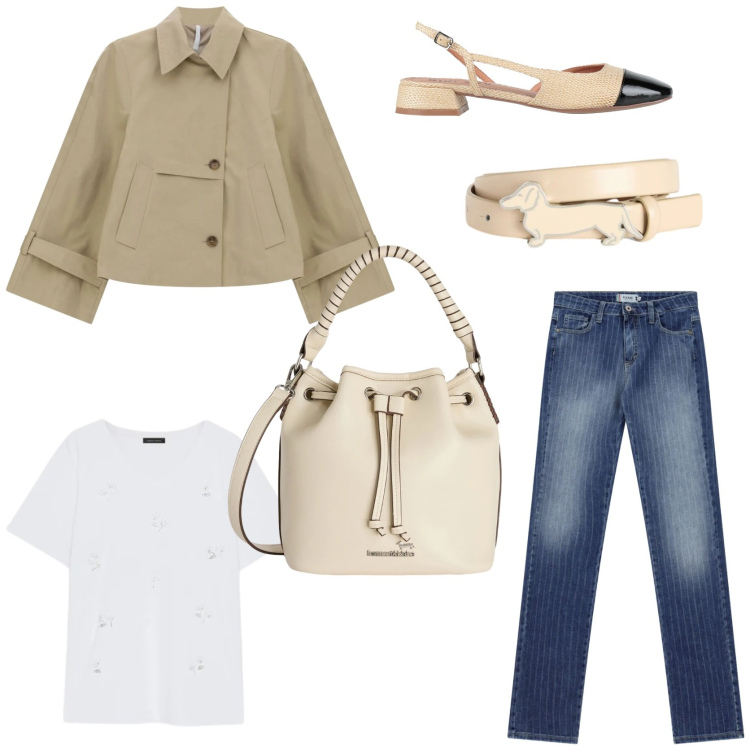 Outfit donna - Passione trench. Stile Chic per Tutti i giorni. Abbinamento con ballerine, trench, t-shirt, jeans, cinture, borse a secchiello.