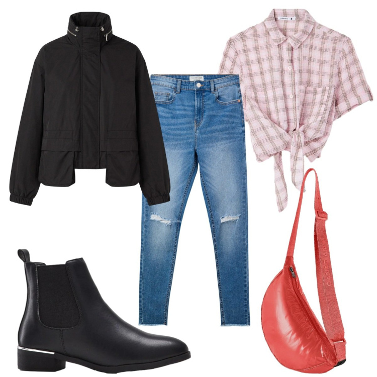 Outfit donna - Un weekend fuori città -la camicia. Stile Casual per Tutti i giorni. Abbinamento con stivaletti, camicie a manica corta, jeans strappati, bomber, borse a tracolla.
