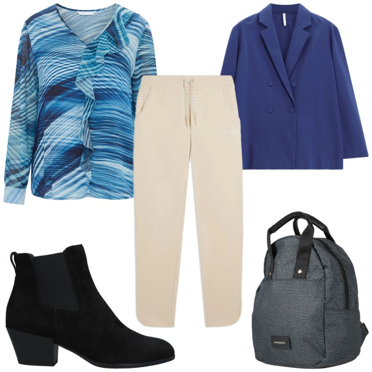 Outfit donna - Sporty-chic in chiave primaverile: zaino. Stile Sporty chic per Tutti i giorni. Abbinamento con stivaletti chelsea, zaini, blazer, bluse, pantaloni.