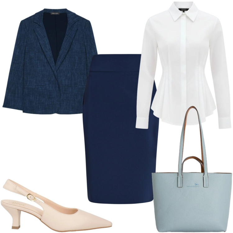 Outfit donna - Aprile che mi metto? -il tailleur. Stile Chic per Ufficio. Abbinamento con décolleté, blazer, gonne longuette, camicie, shopping bag.