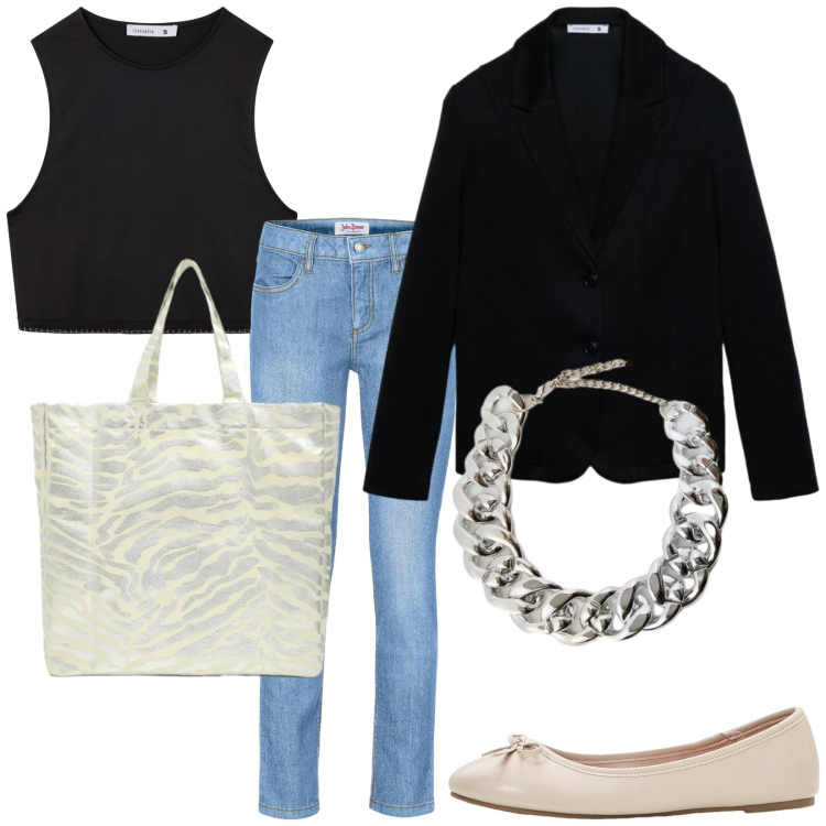 Outfit donna - Informale. Stile Casual per Ufficio. Abbinamento con jeans slim fit, ballerine, shopping bag, top, blazer, collane.