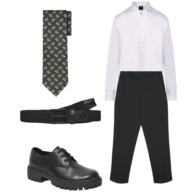 Outfit uomo - Giovane in ufficio. Stile Business/Elegante per Ufficio. Abbinamento con scarpe stringate, cinture, pantaloni chino, camicie, cravatte.