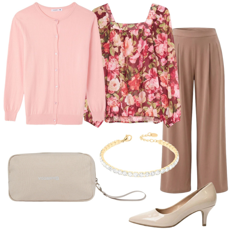 Outfit donna - Giulia. Stile Romantica per Ufficio. Abbinamento con décolleté, bluse, cardigans, pantaloni, braccialetti, valigie.