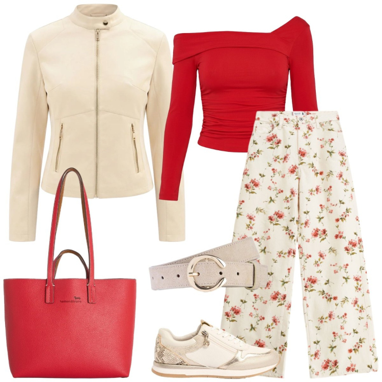 Outfit donna - Total look #2384031. Stile Casual chic per Tutti i giorni. Abbinamento con cinture, sneakers, giacche, t-shirt, pantaloni a palazzo, shopping bag.