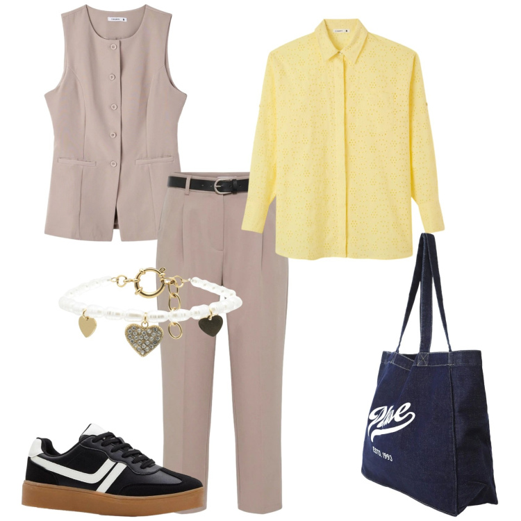Outfit donna - Total look. Stile Casual per Tutti i giorni. Abbinamento con sneakers, gilet, pantaloni, camicie, shopping bag, braccialetti.