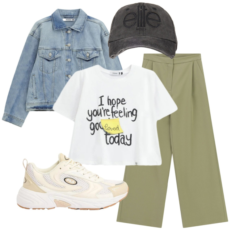Outfit donna - Total look #2384033. Stile Casual per Tutti i giorni. Abbinamento con sneakers, t-shirt, blazer, pantaloni, cappelli.