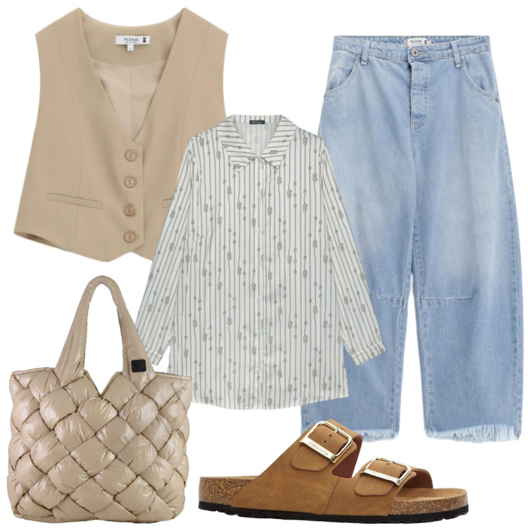 Outfit donna - Total look #2384035. Stile Trendy per Tutti i giorni. Abbinamento con ciabatte, camicie, jeans, gilet, borse tote.