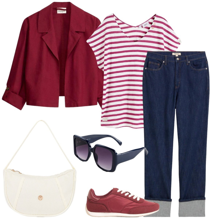 Outfit donna - Total look #2384039. Stile Casual chic per Tutti i giorni. Abbinamento con blazer, jeans dritti, maglieria, sneakers, occhiali da sole, borse a mano.