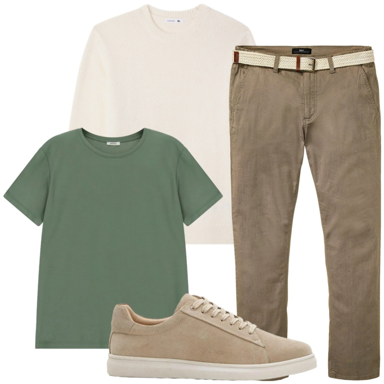 Outfit uomo - Toni naturali. Stile Casual per Tutti i giorni. Abbinamento con pantaloni chino, sneakers, pullovers, t-shirt.