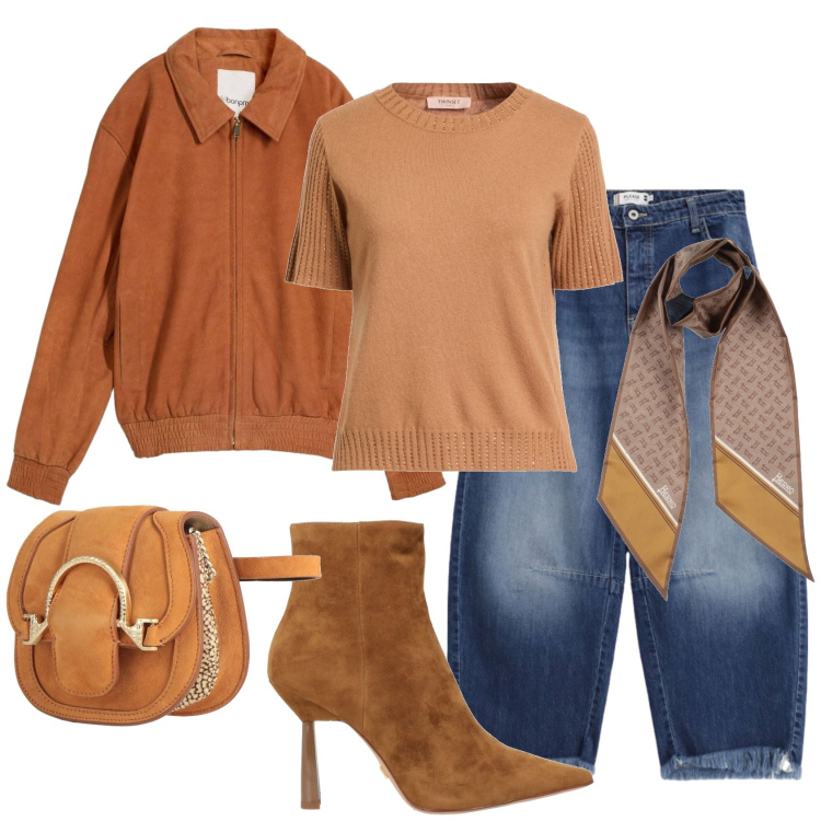 Outfit donna - Total look #2384042. Stile Trendy per Serata fuori. Abbinamento con marsupi, sciarpe, pullovers, stivaletti, bomber, jeans.
