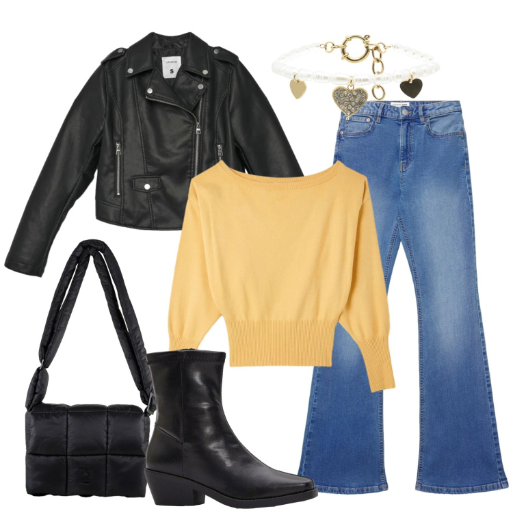 Outfit donna - Total look #2384043. Stile Rock per Tutti i giorni. Abbinamento con stivaletti, giacche, pullovers, jeans a zampa, braccialetti, borse a spalla.
