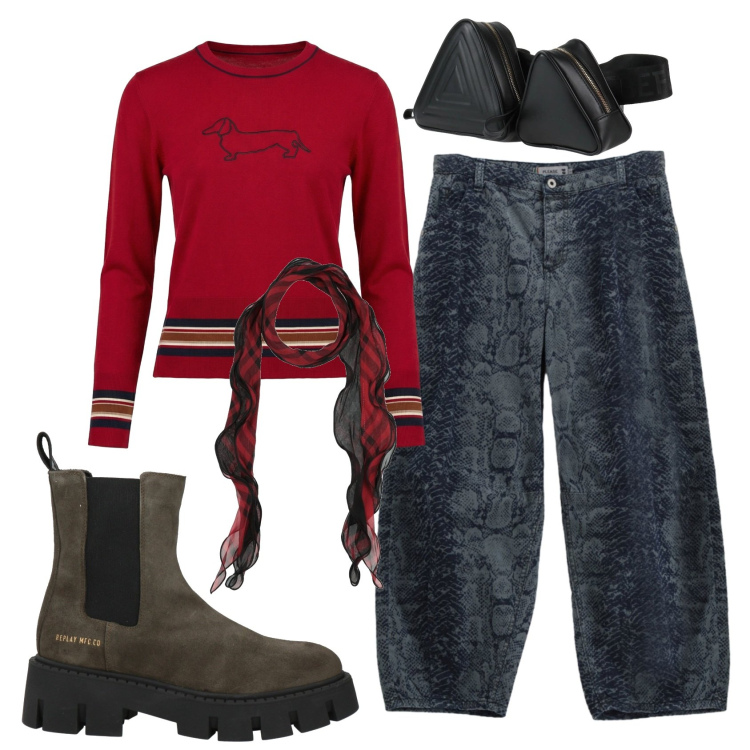 Outfit donna - Total look #2384044. Stile Rock per Tutti i giorni. Abbinamento con marsupi, sciarpe, stivaletti chelsea, jeans, maglieria.