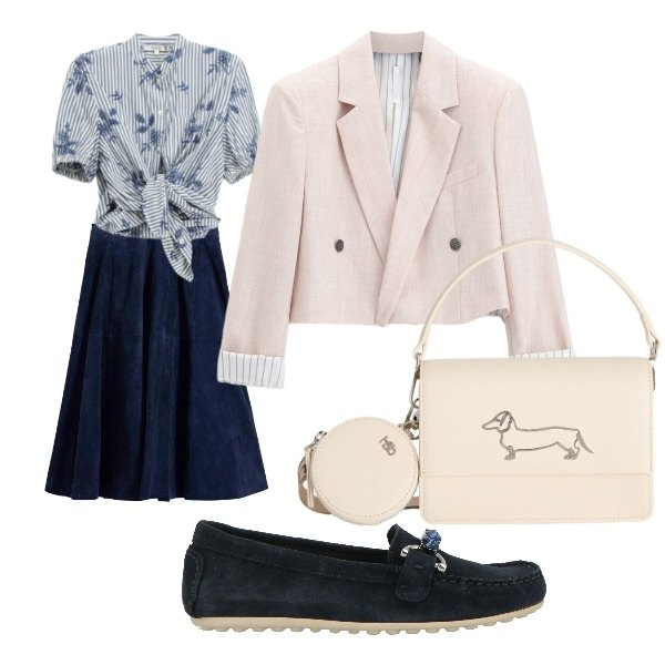 Outfit donna - a spasso con stile. Stile Casual chic per Tutti i giorni. Abbinamento con mocassini, gonne, blazer, camicie a manica corta, borse a tracolla.