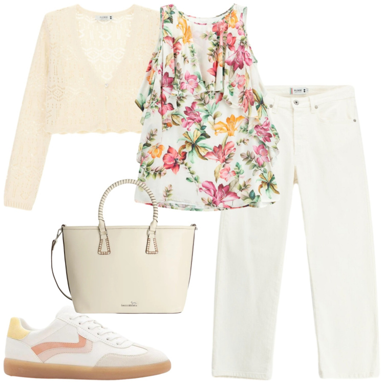 Outfit donna - Aprile. Stile Casual chic per Tutti i giorni. Abbinamento con sneakers, shopping bag, vestiti corti, cardigans, pantaloni.