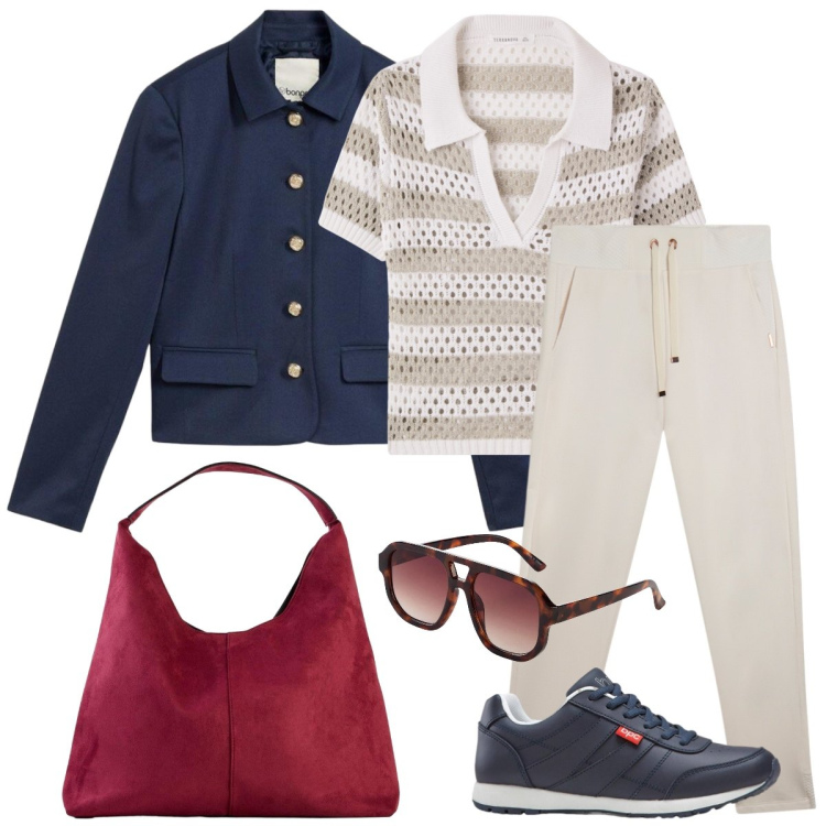 Outfit donna - Total look #2384051. Stile Sporty chic per Tutti i giorni. Abbinamento con blazer, borse a spalla, sneakers, occhiali da sole, t-shirt, pantaloni.