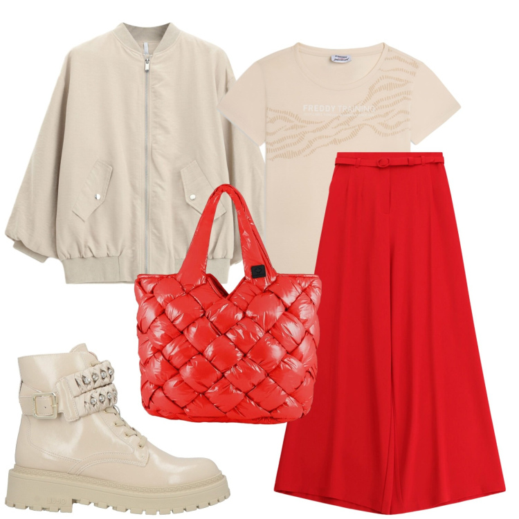 Outfit donna - Total look #2384052. Stile Trendy per Ufficio. Abbinamento con anfibi, bomber, pantaloni a palazzo, t-shirt, borse tote.