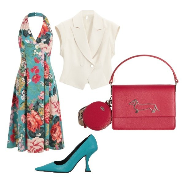 Outfit donna - fiori di primavera. Stile Romantica per Cerimonia. Abbinamento con décolleté, gilet, vestiti midi/longuette, borse a tracolla.